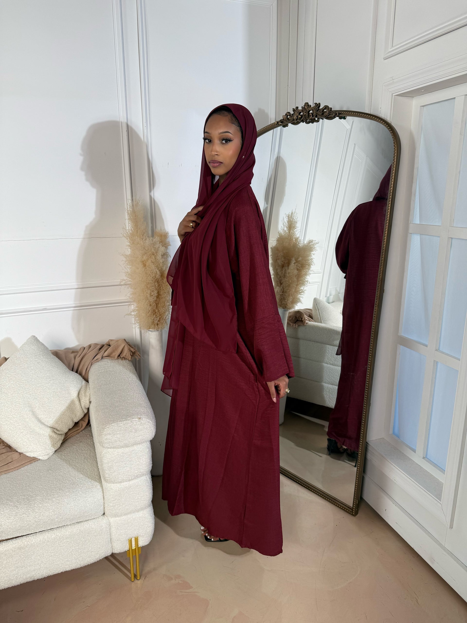 Burgundy Red Serene Linen Abaya Set
