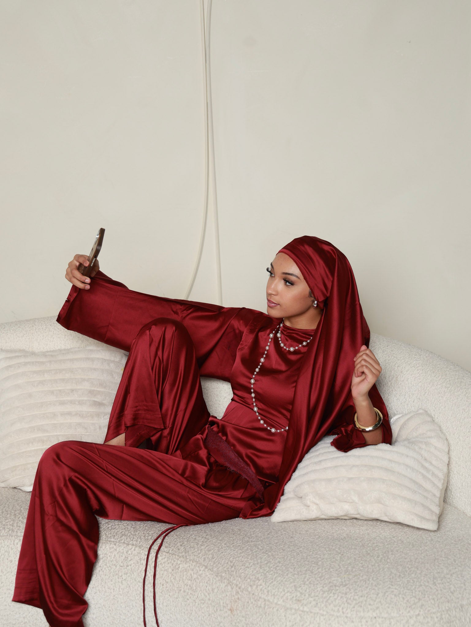 Satin Lace Pant Set in Burgundy