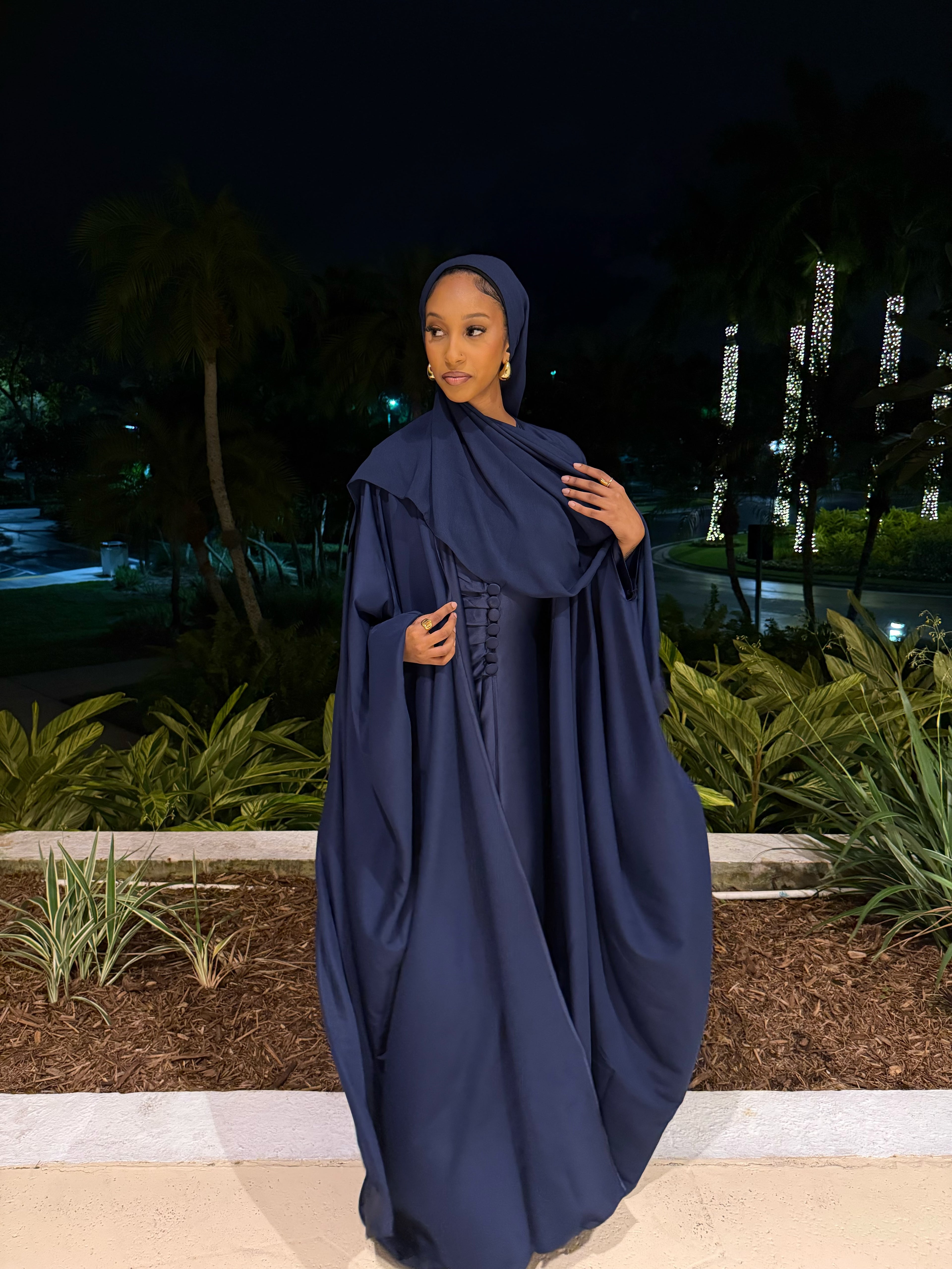 navy blue abaya dress Navy Blue Satin Abaya Set