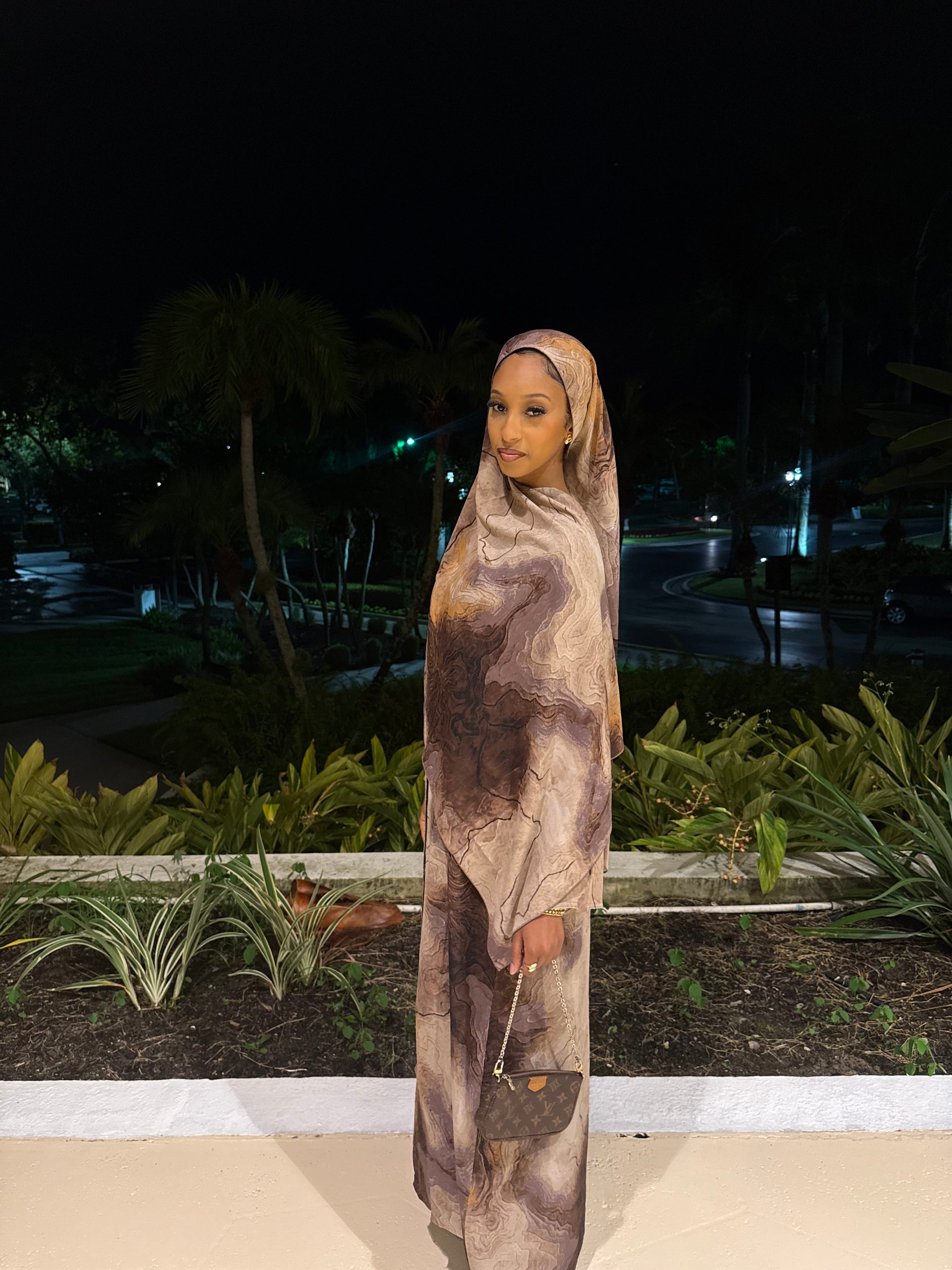 Brown Watercolor Abaya Set