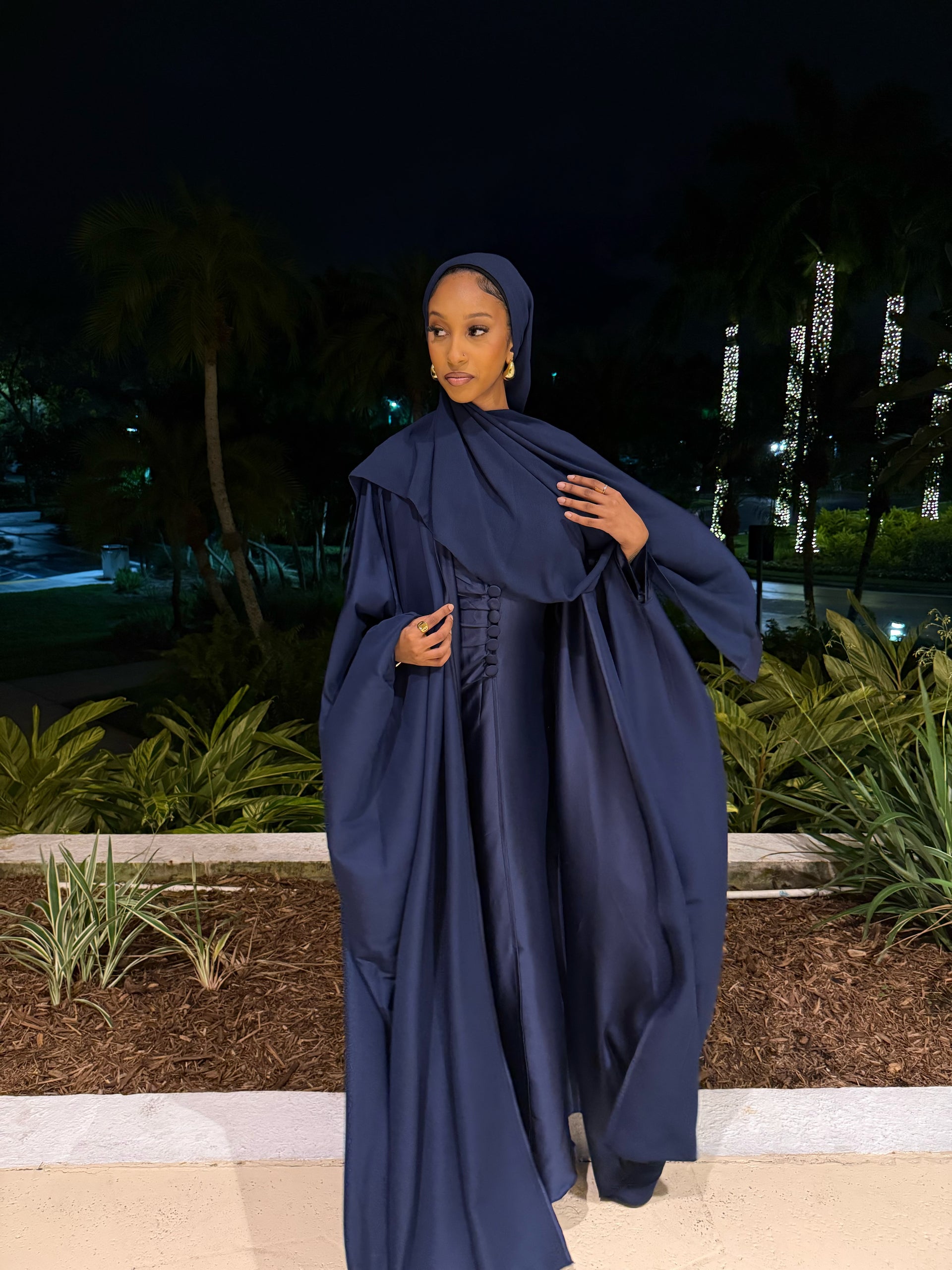 Navy Blue Silk Abaya Set