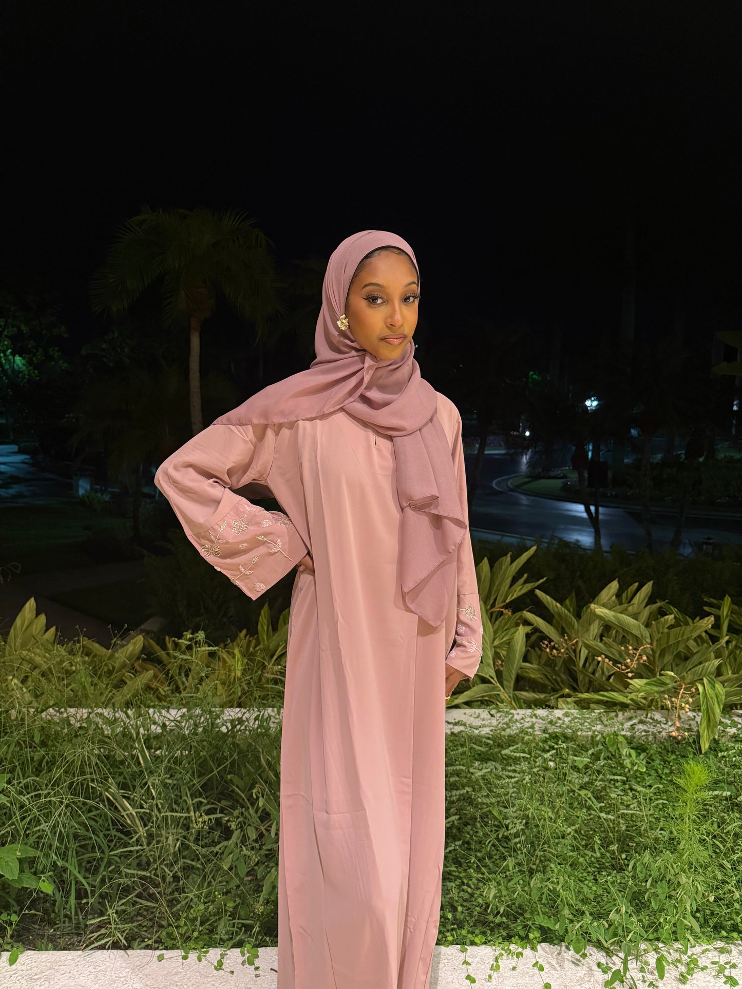Pink Flower Rhinestone Abaya