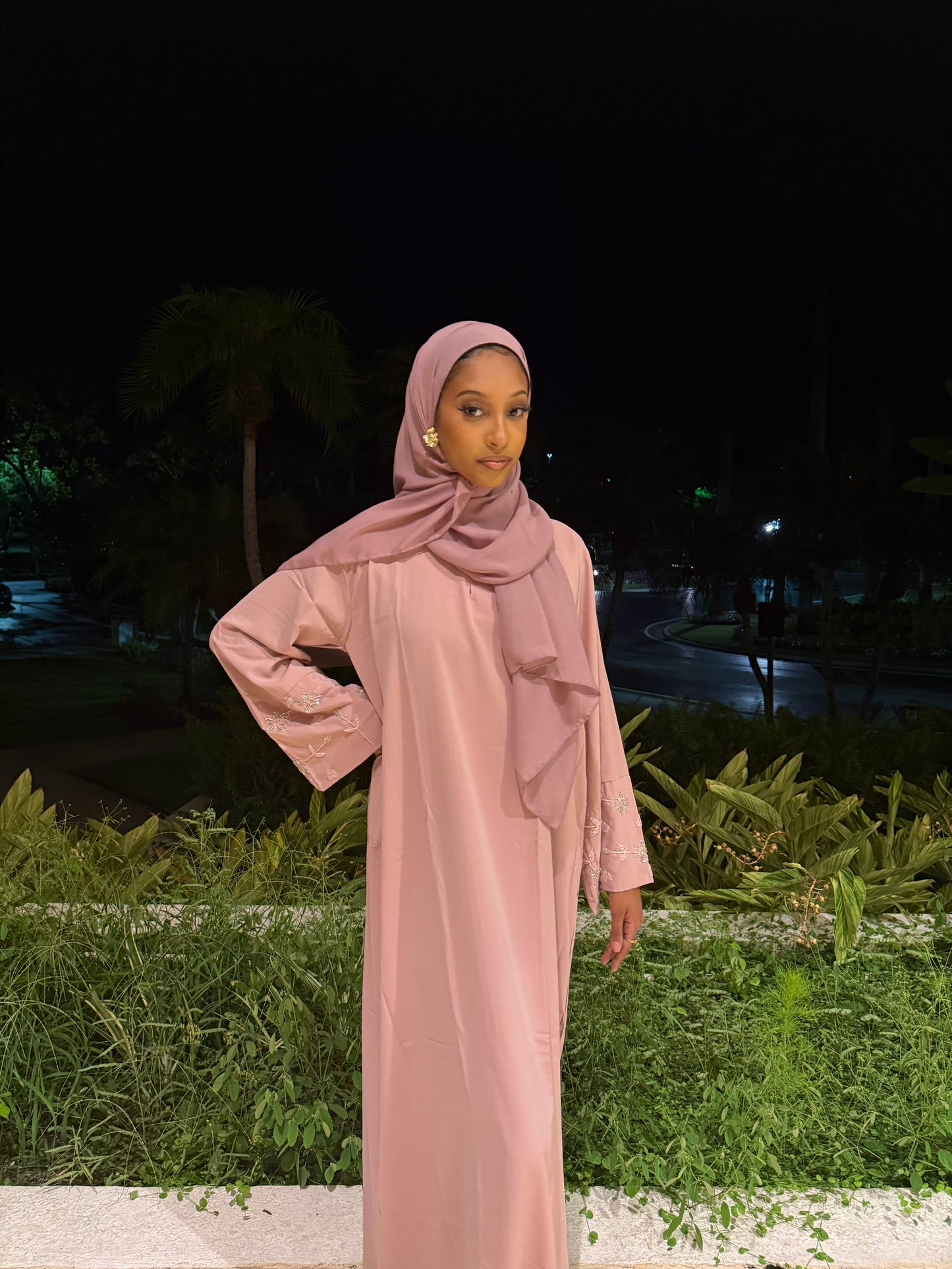 Pink Flower Rhinestone Abaya