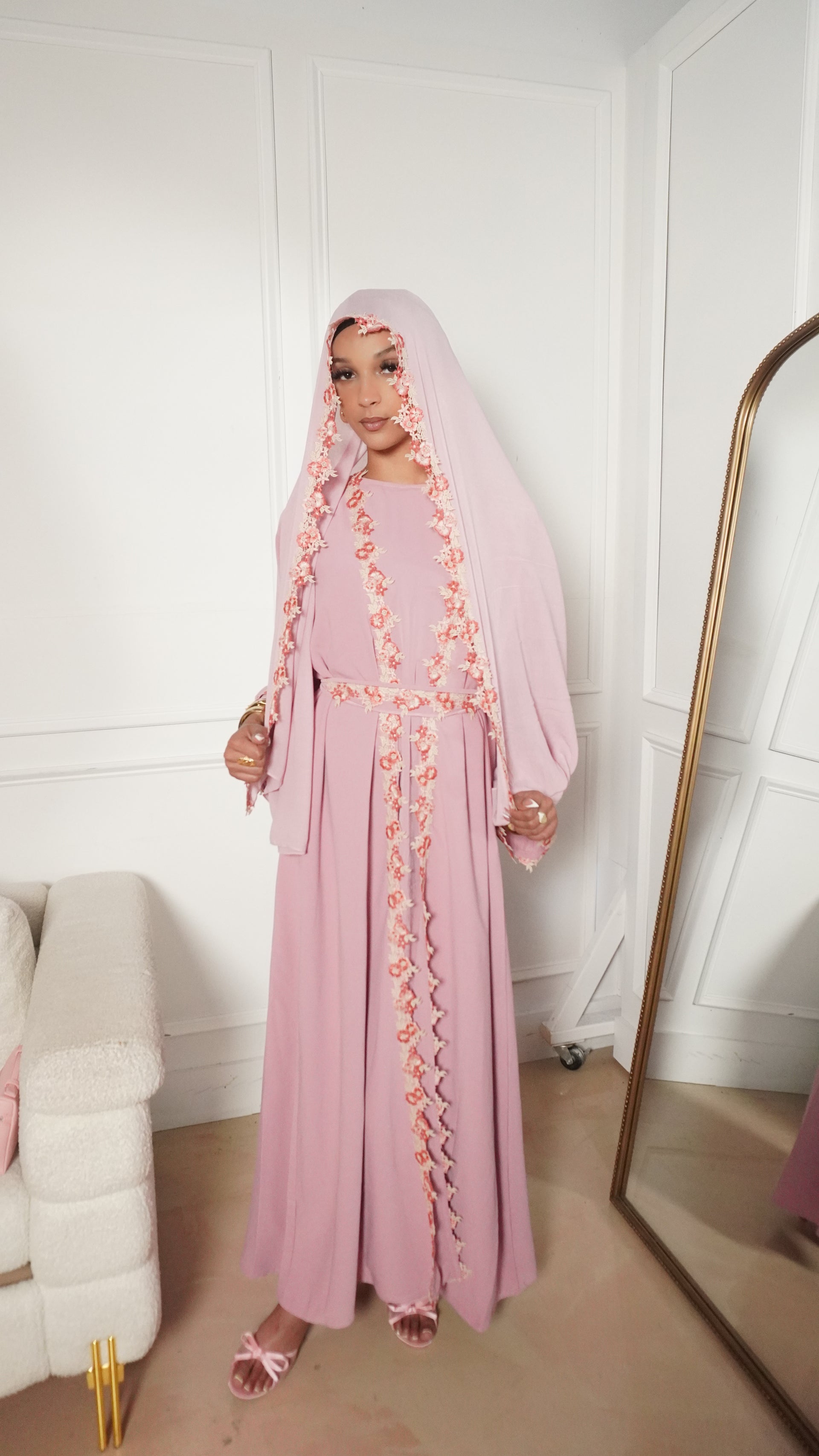Pink Flower Lace Abaya