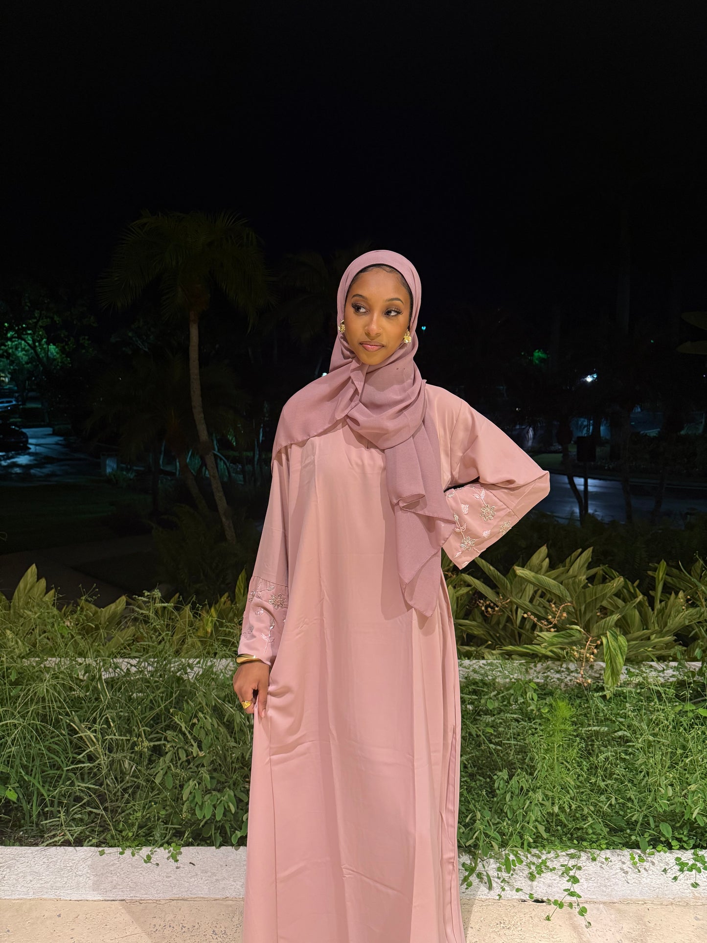 Pink Flower Rhinestone Abaya