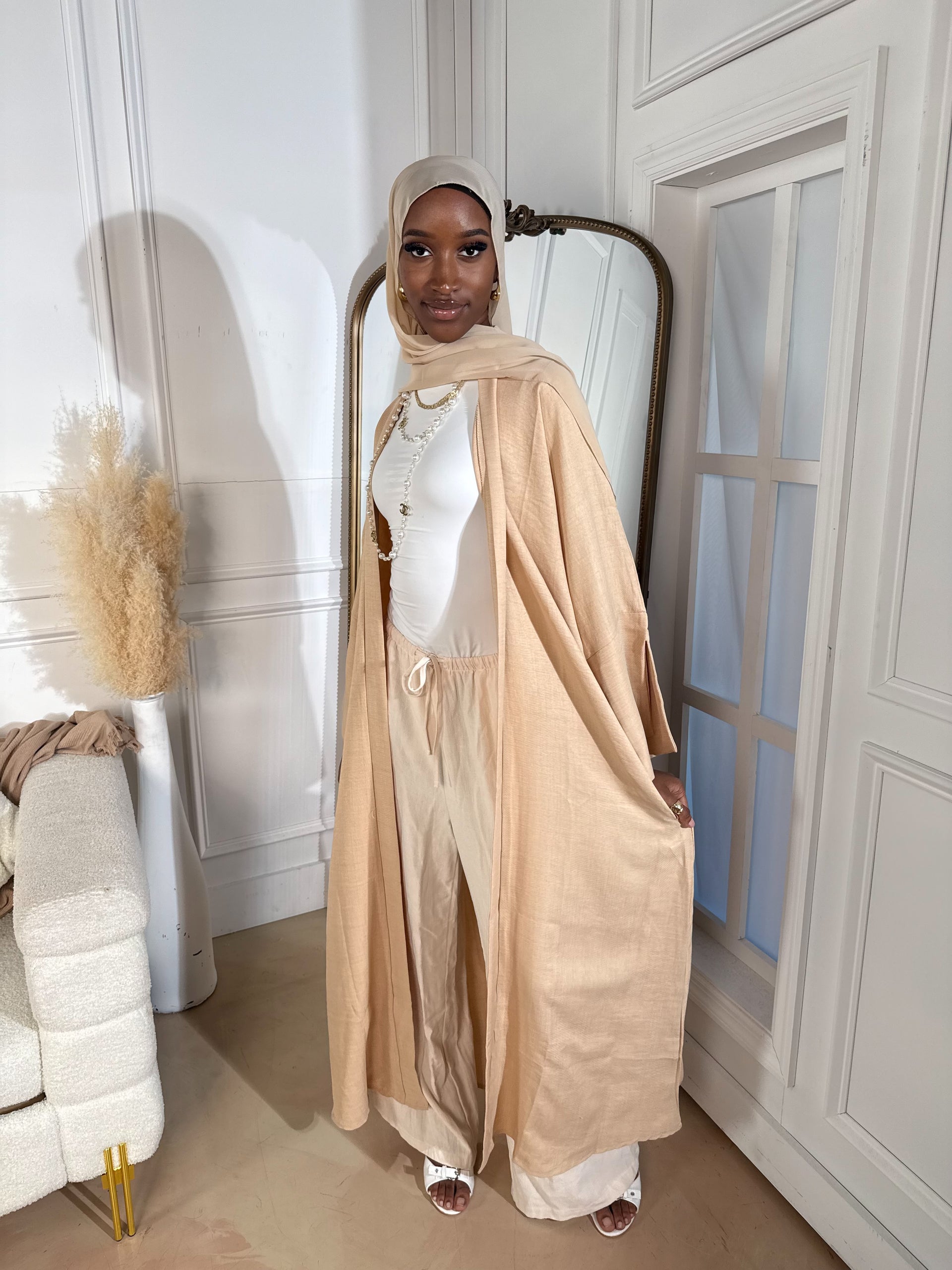 Sand Serene Linen Abaya Set
