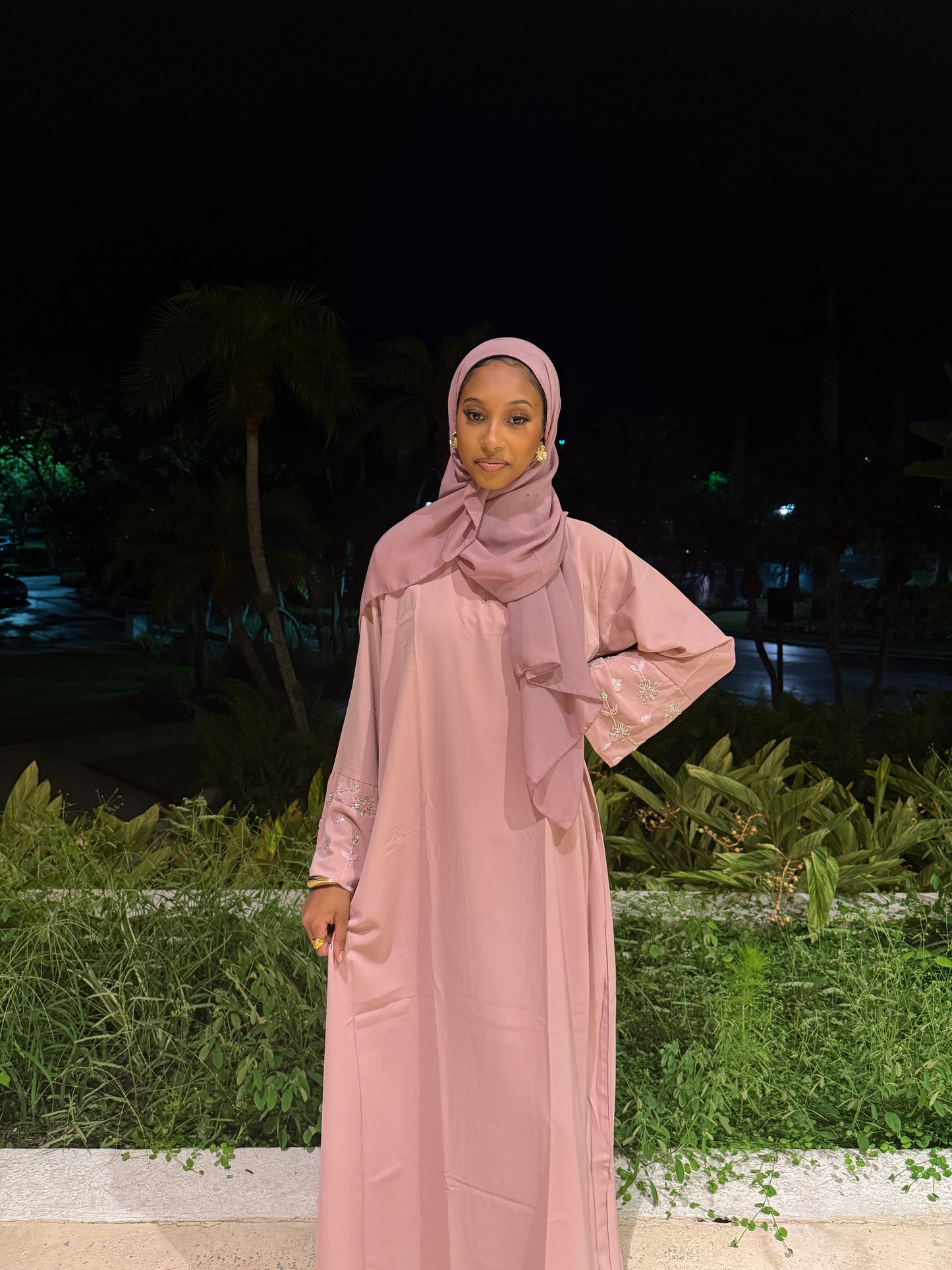 Pink Flower Rhinestone Abaya