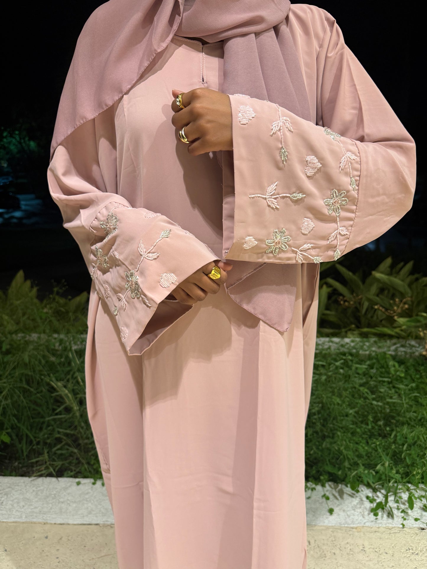 Pink Flower Rhinestone Abaya