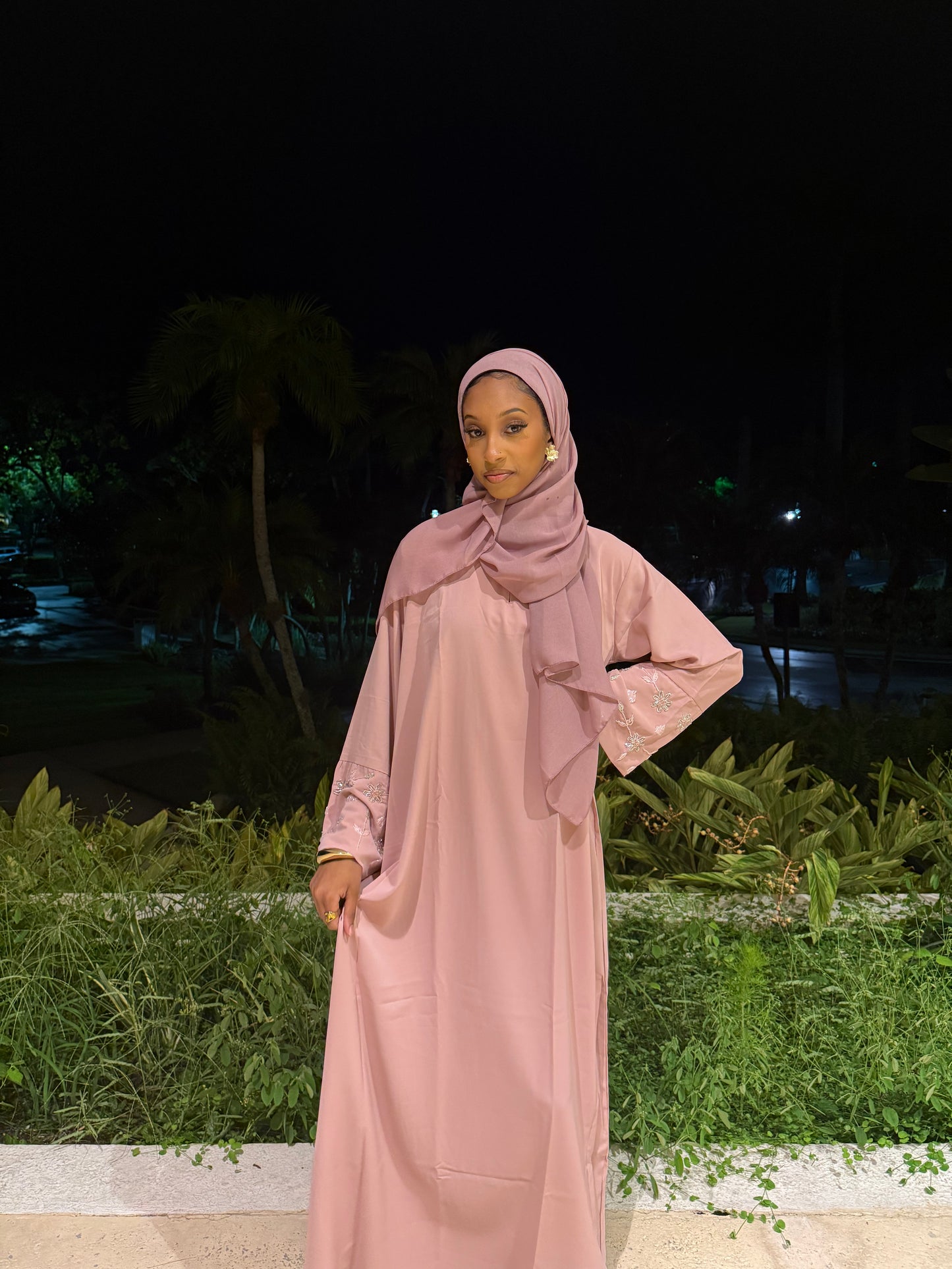 Pink Flower Rhinestone Abaya