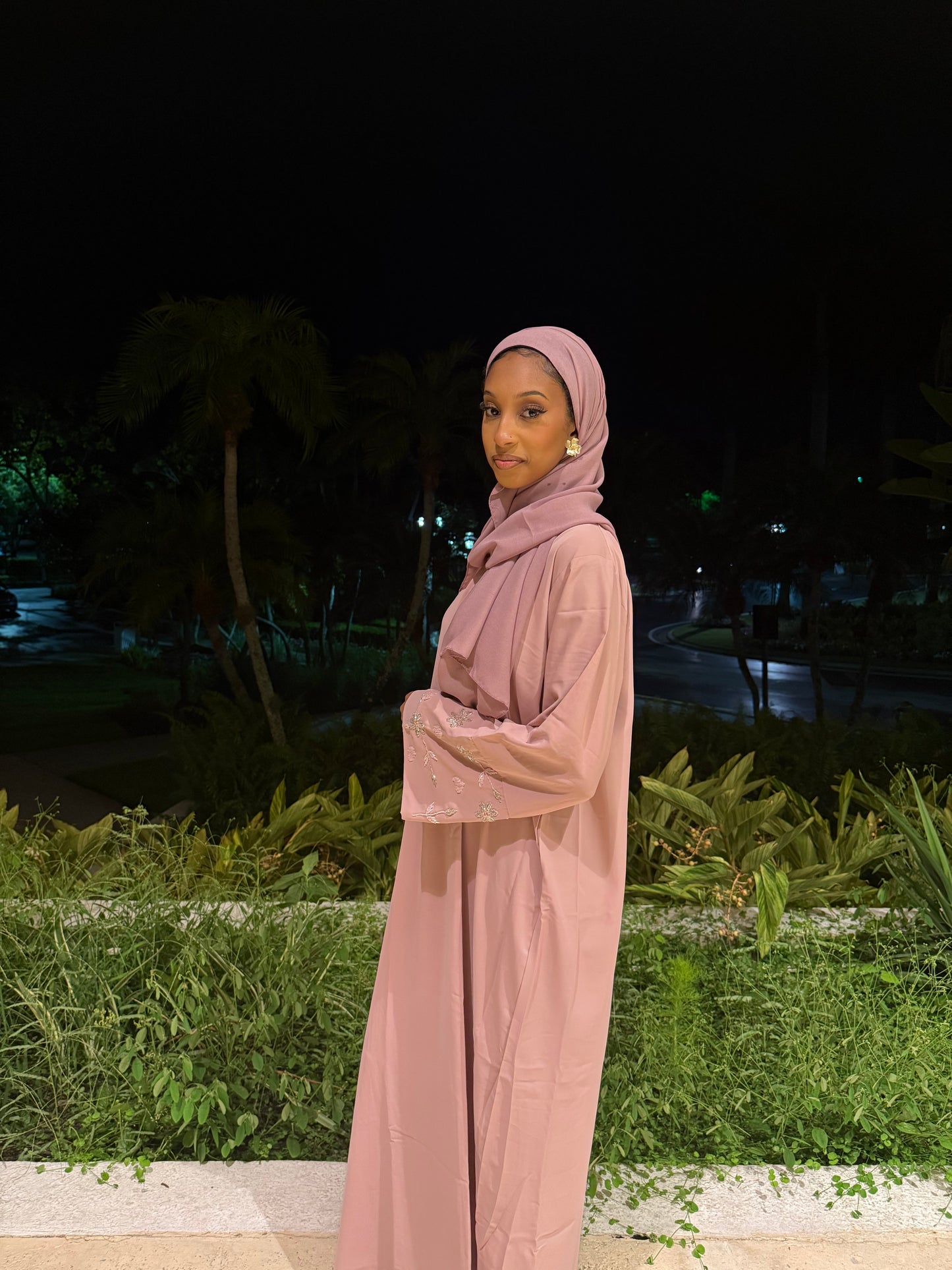 Pink Flower Rhinestone Abaya